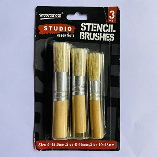 3Pce Stencil Brushes Set, Art and Craft Paint Brush with Pure Natural Hog Bristle in Various Sizes .