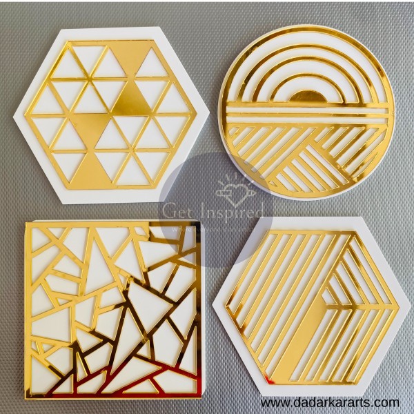 Mosaic & Strips Gold Carved Acrylic Coasters with White acrylic Base Pk/4  Coasters By Get Inspired