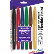 Pentel Arts Sign Pens With Brush Assorted  Tip 6/Pkg
