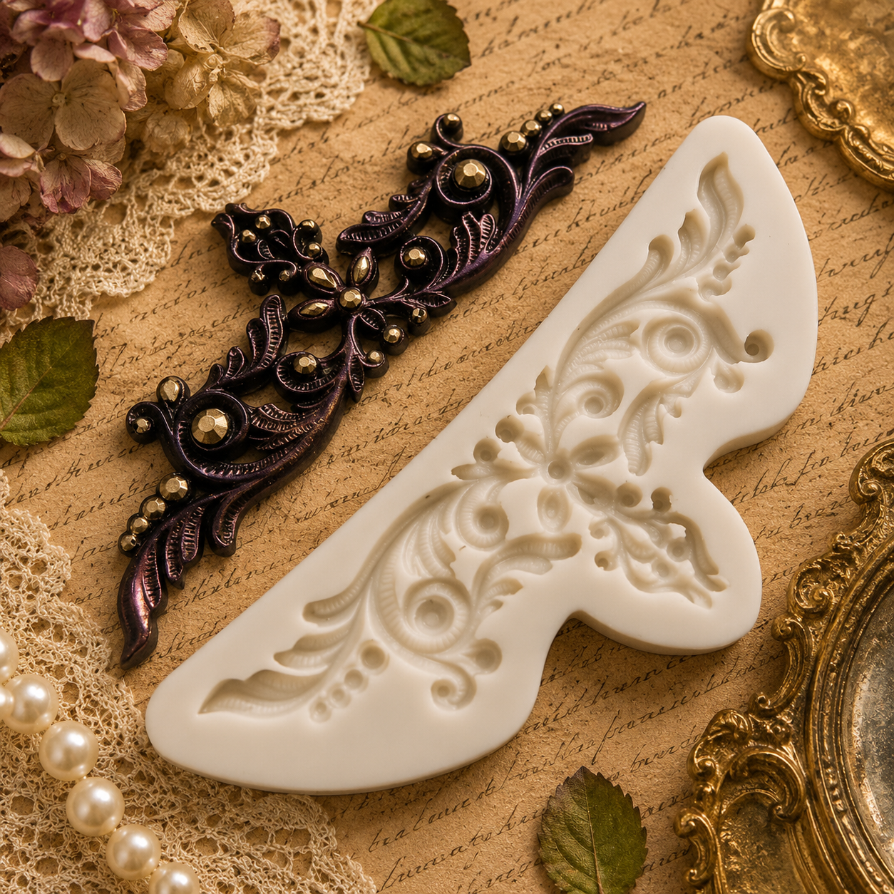 Vintage Relief Baroque Crown Silicone Mold 8.5in x 3.5in
